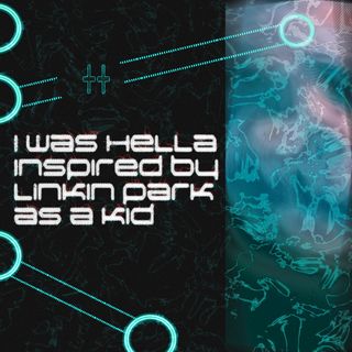 the left two thirds of the image are a black background with glitchy green wisps barely visable striking across the section. the right third is a rippling light ocean. on the black side there are little techy connection symbols of circles with two lines connecting them. "I WAS HELLA INSPIRED BY LINKIN PARK AS A KID" is prominently displayed on the black side of the image.
