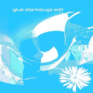 a blue tint has been stretched over the original glue artwork. the original glue artwork is described as colorful patchwork with a white flower on the bottom. it appears as though colorful strips of cloth have been overlaid on a black background.