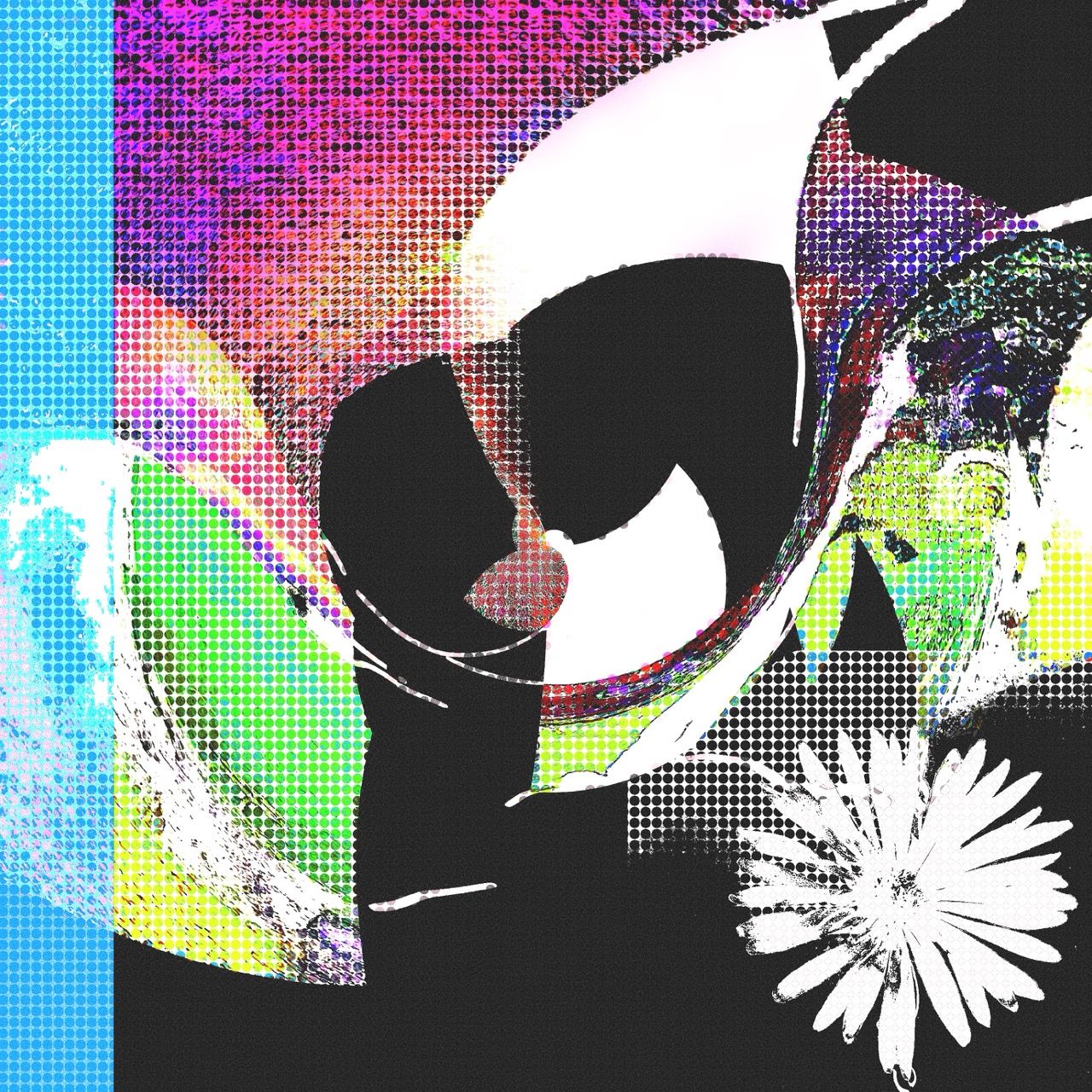 colorful patchwork with a white flower on the bottom. it appears as though colorful strips of cloth have been overlaid on a black background.