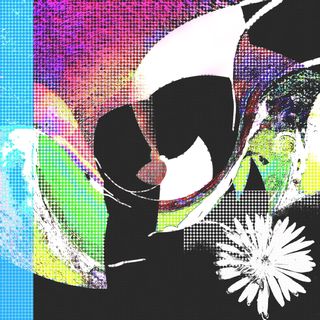 colorful patchwork with a white flower on the bottom. it appears as though colorful strips of cloth have been overlaid on a black background.