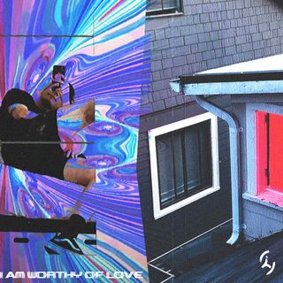 the left half of the image shows a gloopy psychedelic environment. a person fades in and out from the environment, taking a selfie in a mirror. the right half of the image is a view from the roof of a house where a window can be seen with red light pouring out of the window.