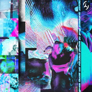 along the left side of the image, 5 of the album arts for the singles on this album are stacked on top of one another. in the middle sits guesst in a glitchy blue and purple and pink digitalscape. they have their tongue out.