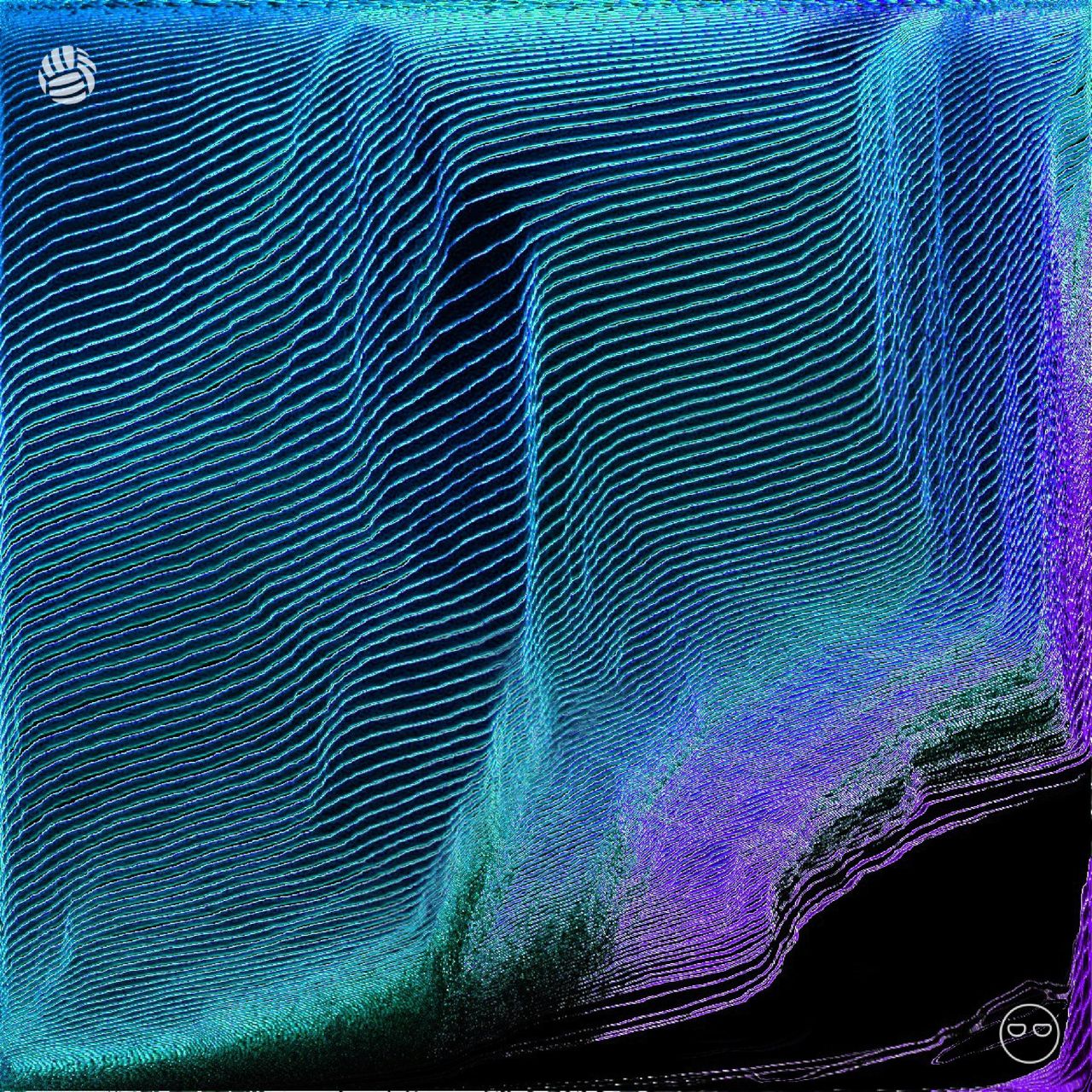 pixel sorted wave pattern in a non-linear diagonal slant from the upper right to the lower left corner of the image. it goes from blue and green to purple from the upper left to the lower right. theres a significant portion of black void in the lower left quadrant.