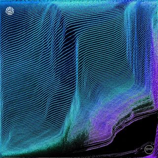 pixel sorted wave pattern in a non-linear diagonal slant from the upper right to the lower left corner of the image. it goes from blue and green to purple from the upper left to the lower right. theres a significant portion of black void in the lower left quadrant.