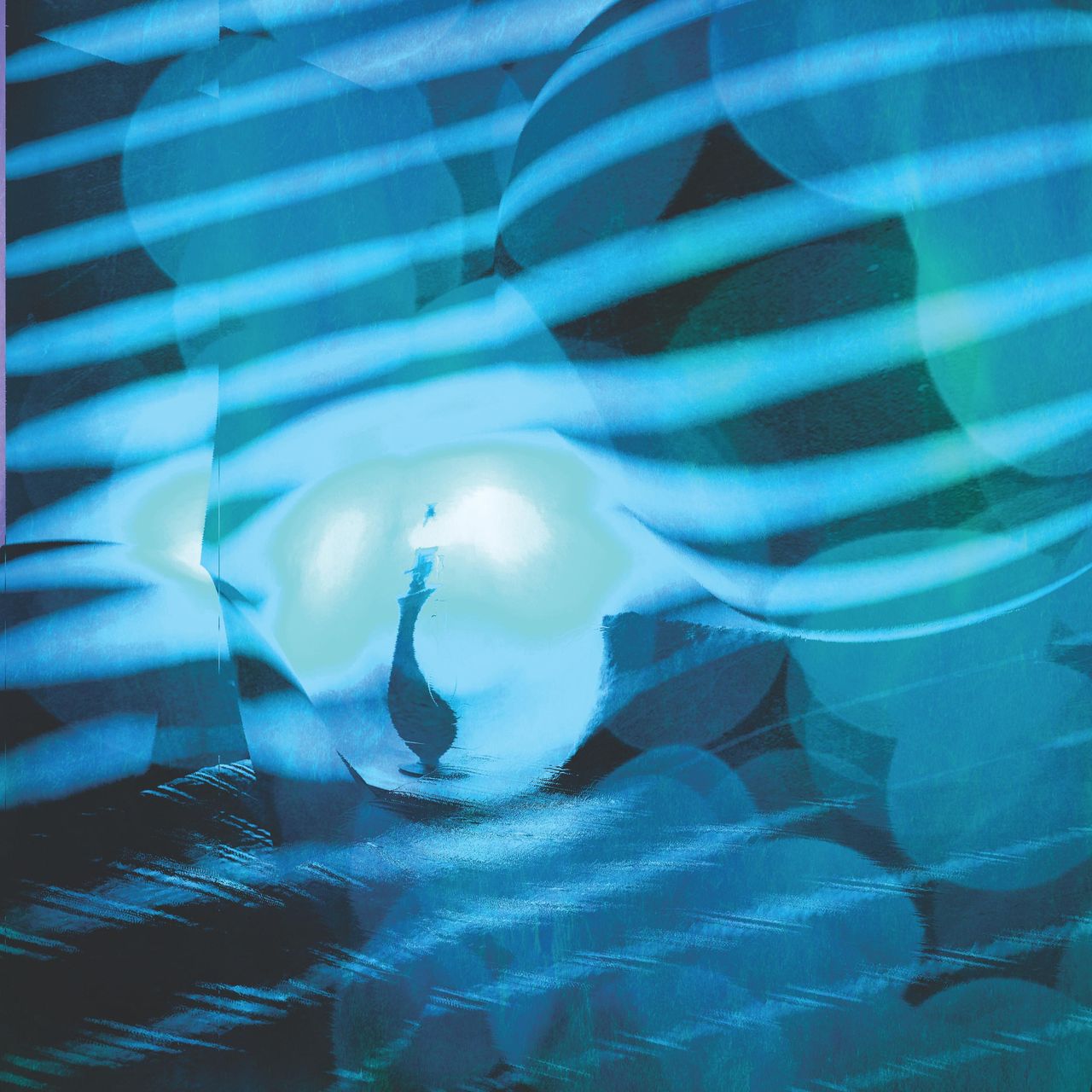 blue and dark blue stripes irregularly cast across a formless room where there is a distorted lamp trapped in a sphere in the center of the room. another shadow sphere lurks ominously above the trap sphere.