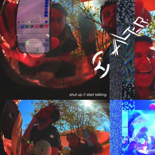 a fisheye photograph of Alter. and guesst in a glitchy red cyberspace.