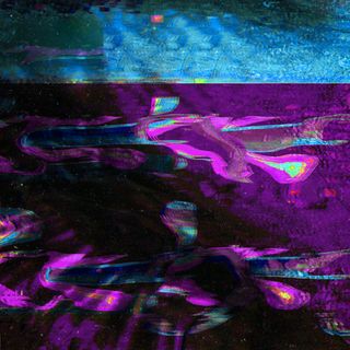 a blue stripe across the top of the image. glitchy discolorations in a blocky squarelike pattern in the upper left. below, a purple warbly colorscape is penetrated through with blobs of blue or yellow somtimes pink.