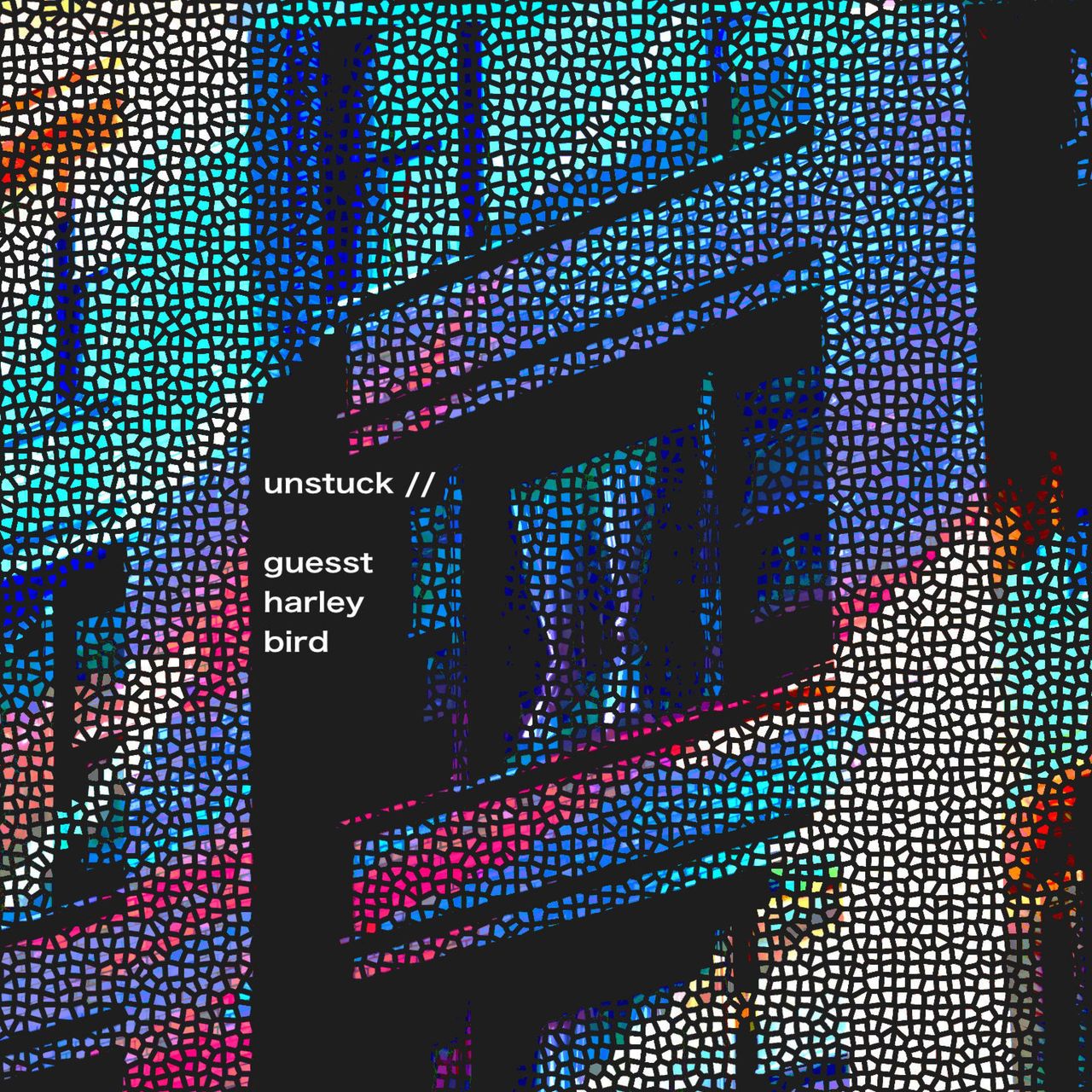the outside of a building as viewed through a long lens or a telescope. the image been striped with color and fragmented into tiny irregularly shaped tiles.